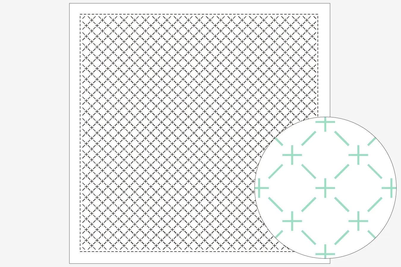 a square with a grid pattern and a circular pattern with green crosses on it.