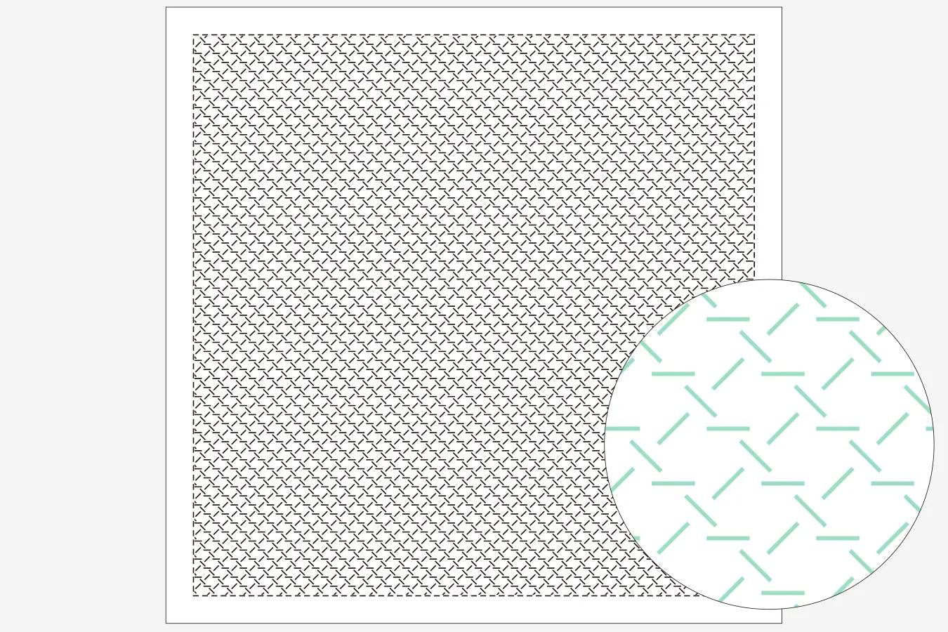 a square with a grid-like pattern of small white squares, and a circular pattern of green lines on the right side of the square.