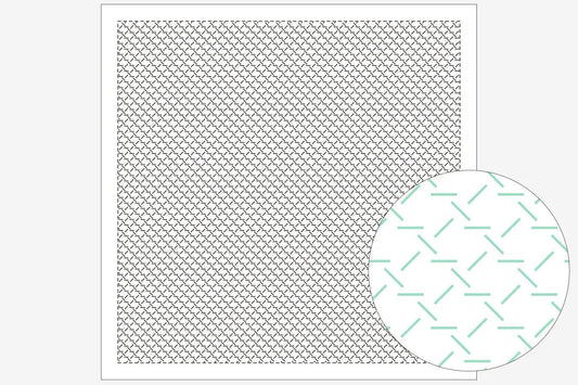 a square with a grid-like pattern of small white squares, and a circular pattern of green lines on the right side of the square.