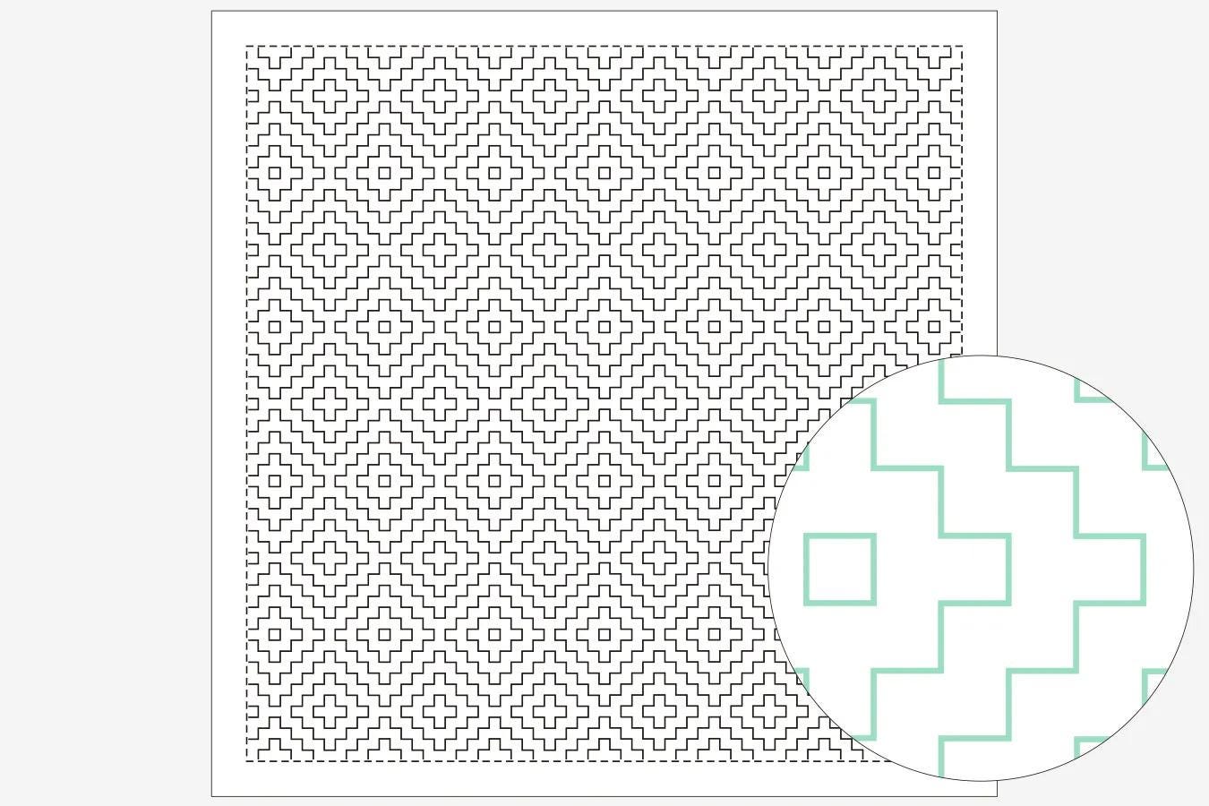a square with a repeating pattern of black and white geometric shapes, creating a visually striking and intricate design.