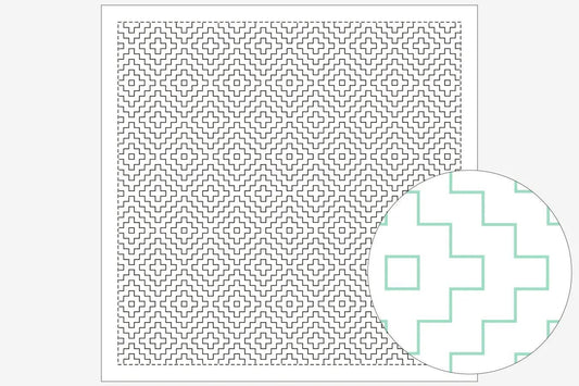 a square with a repeating pattern of black and white geometric shapes, creating a visually striking and intricate design.