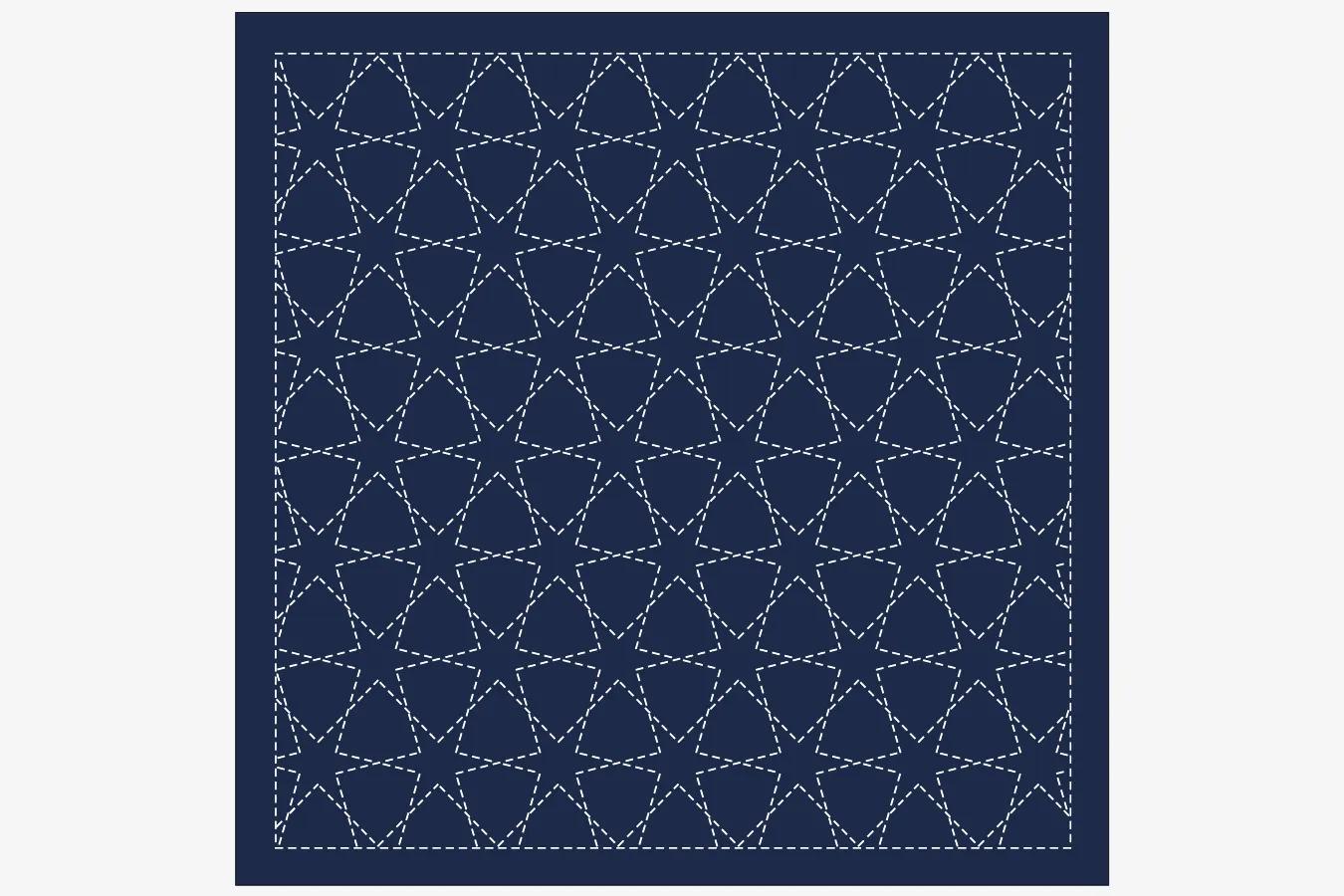 a square with a repeating pattern of white stars and lines, creating a visually striking and symmetrical design.