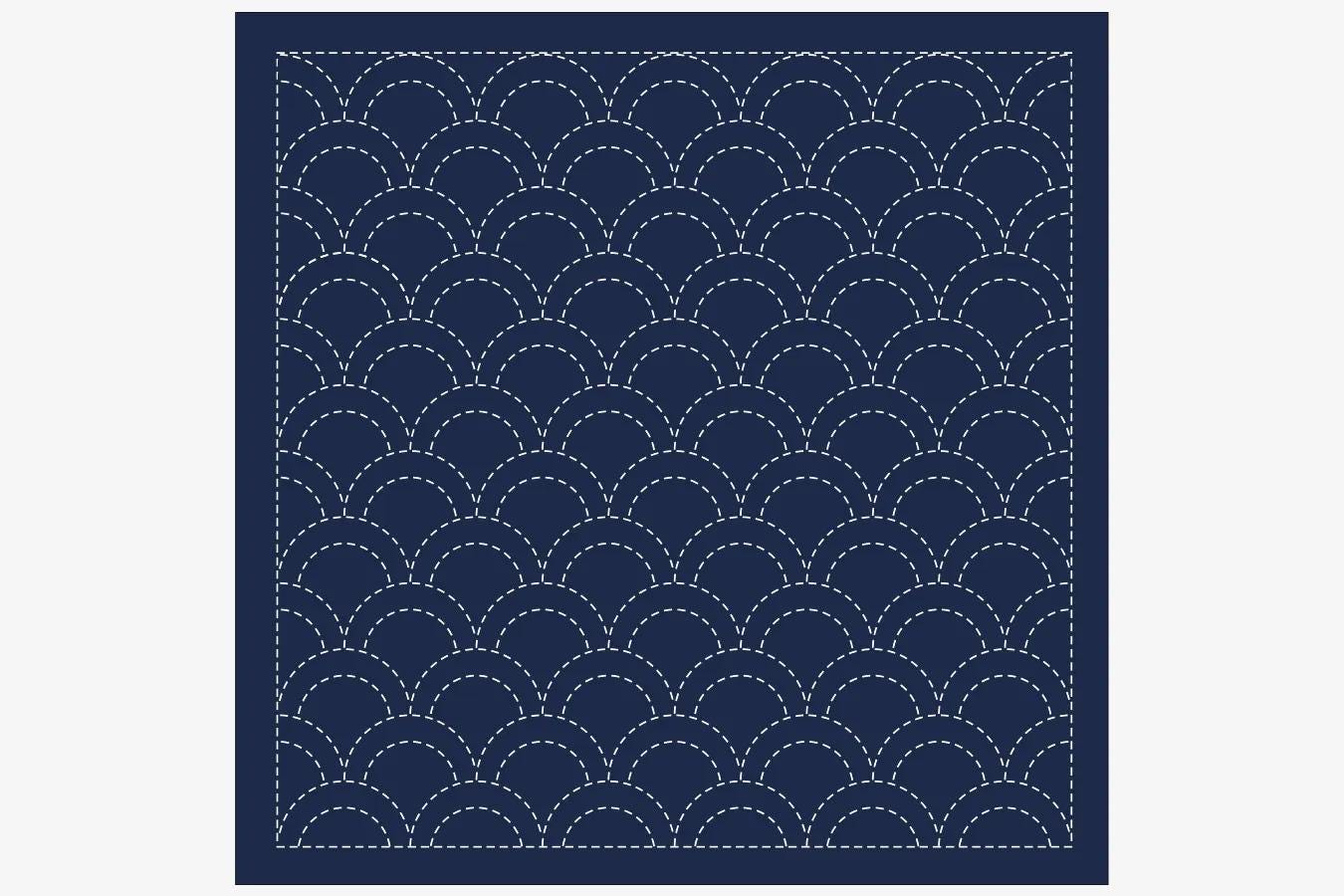 a square with a repeating pattern of white circles arranged in a wave-like design, creating a visually striking and intricate pattern.