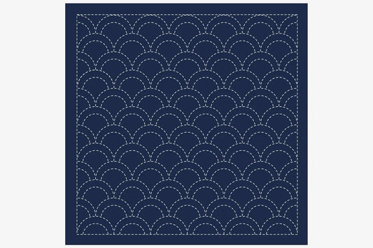 a square with a repeating pattern of white circles arranged in a wave-like design, creating a visually striking and intricate pattern.