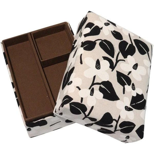 a box with a black and white floral pattern on its surface.