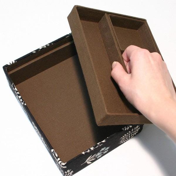 A hand is opening a brown box with a floral pattern on the lid.