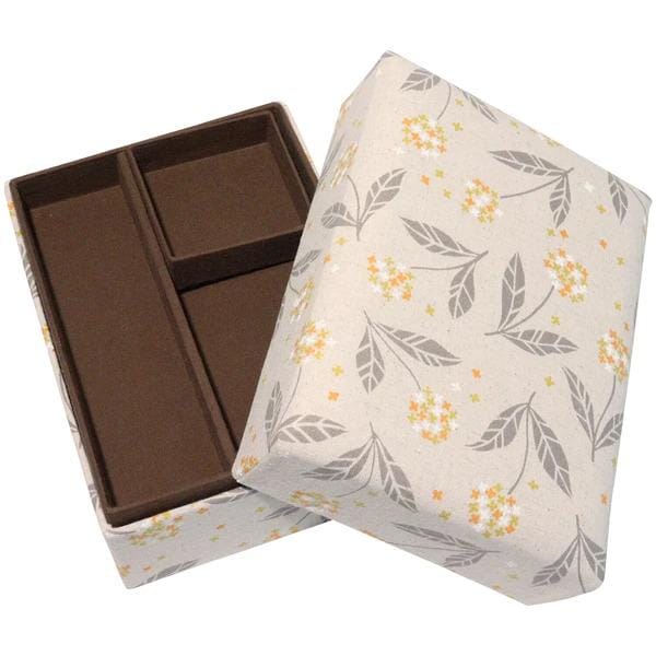 a beige box with a floral pattern, and it is open, revealing a brown interior.