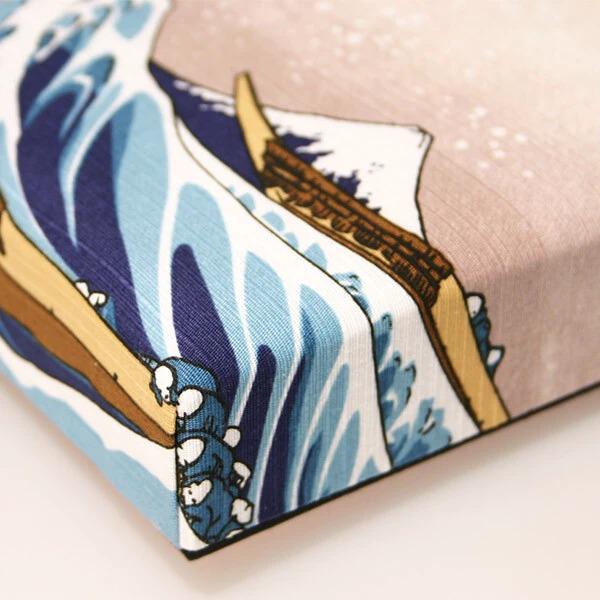 a close-up view of a printed fabric with a wave-like pattern and a mountain landscape.