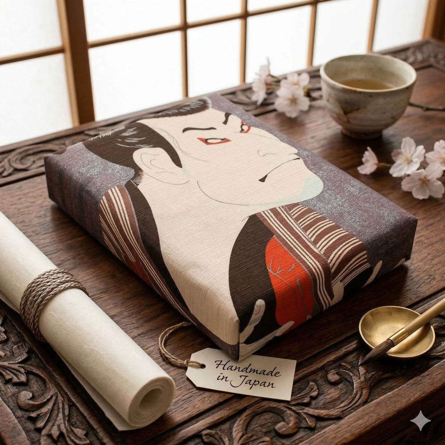a book wrapped in a brown and white patterned paper, placed on a wooden table next to a cup, a bowl, and some flowers.
