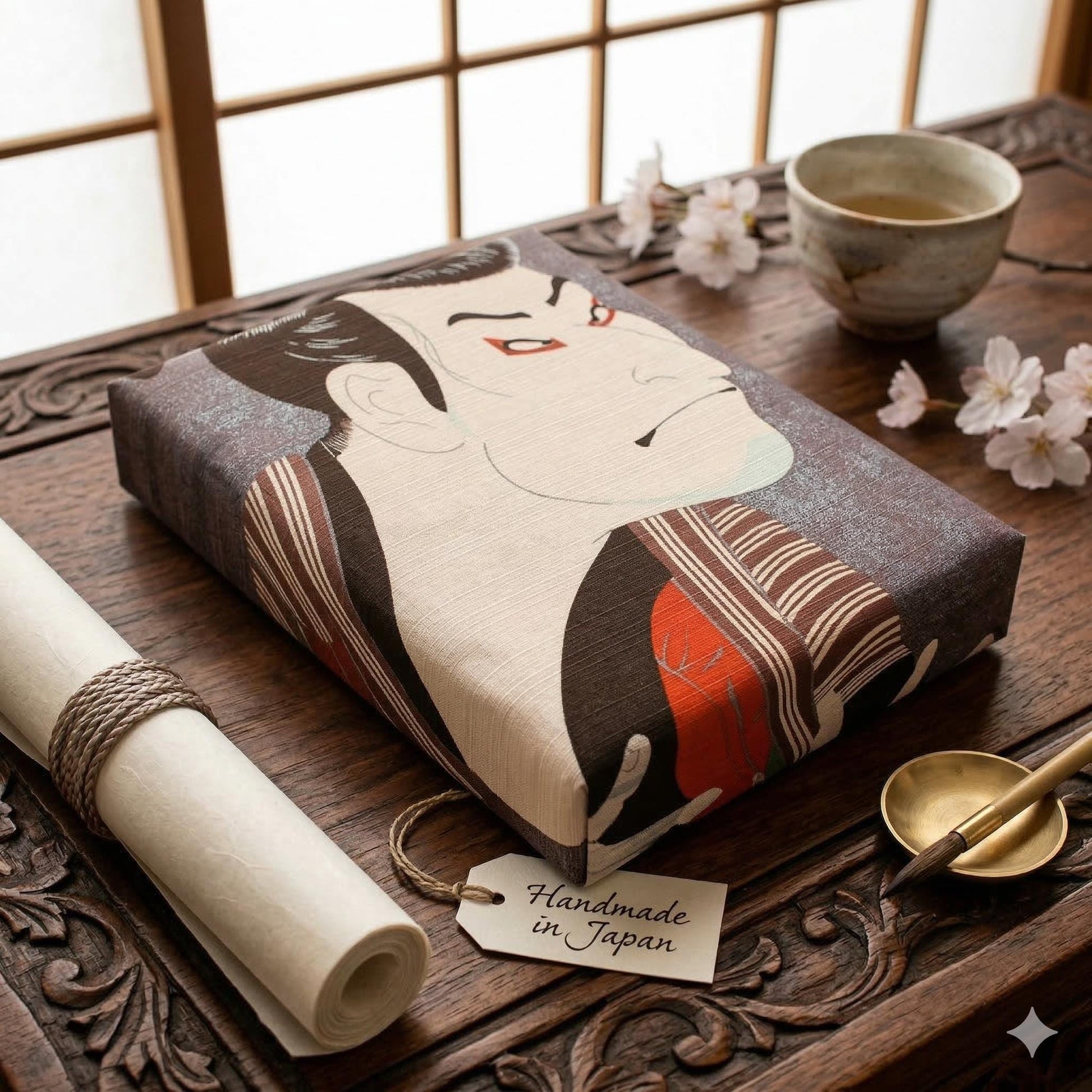a book wrapped in a brown and white patterned paper, placed on a wooden table next to a cup, a bowl, and some flowers.