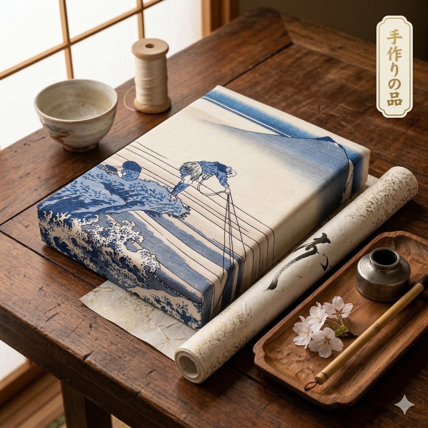 a wooden table with various items, including a book with a blue and white design, a bowl, a spool of thread, a small vase, and a wooden tray with a flower.