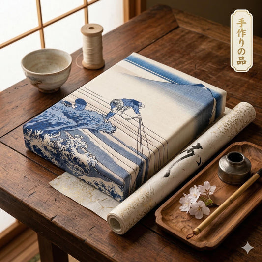 a wooden table with various items, including a book with a blue and white design, a bowl, a spool of thread, a small vase, and a wooden tray with a flower.