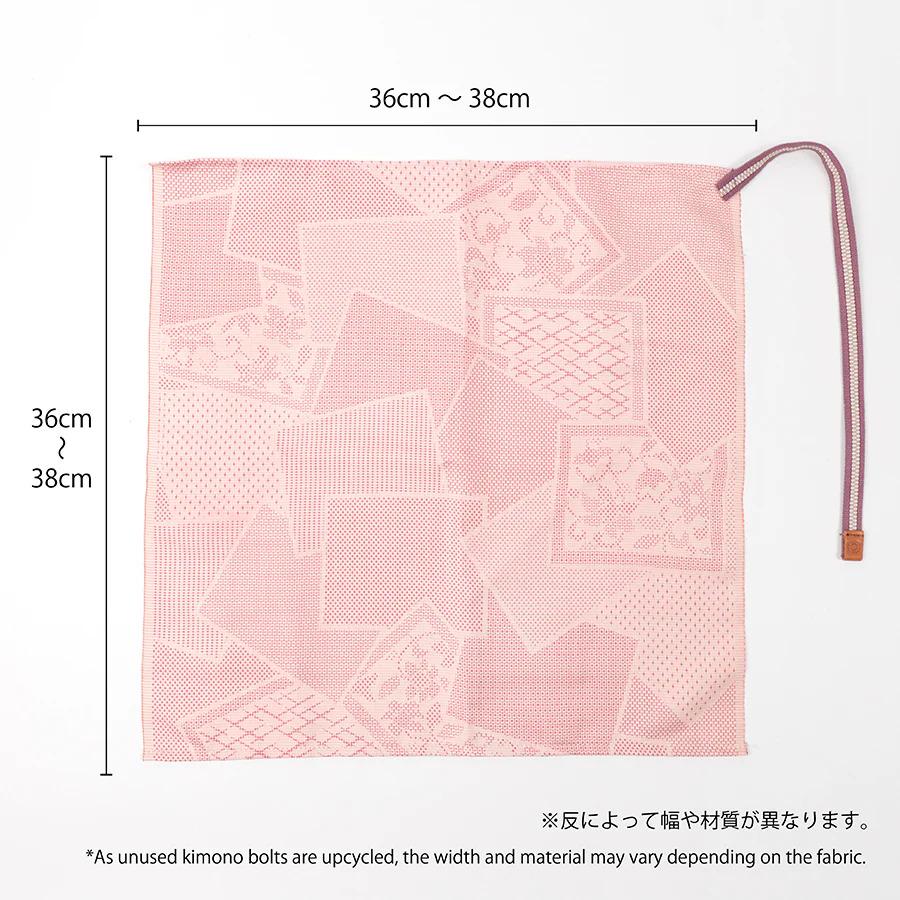 a pink fabric with a geometric pattern, along with measurements indicating the width and material.