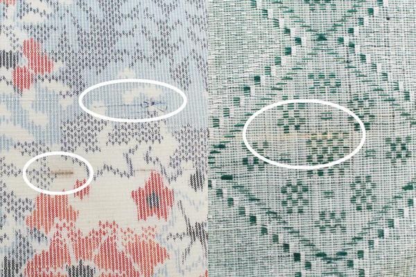 The image is a close-up of two fabric pieces with distinct patterns. The left fabric has a floral pattern in shades of blue, red, and white, while the right fabric has a geometric pattern in shades of green and gray. There are also white circles highlighting specific areas of the fabric, possibly indicating a design or texture that is unique to each piece.