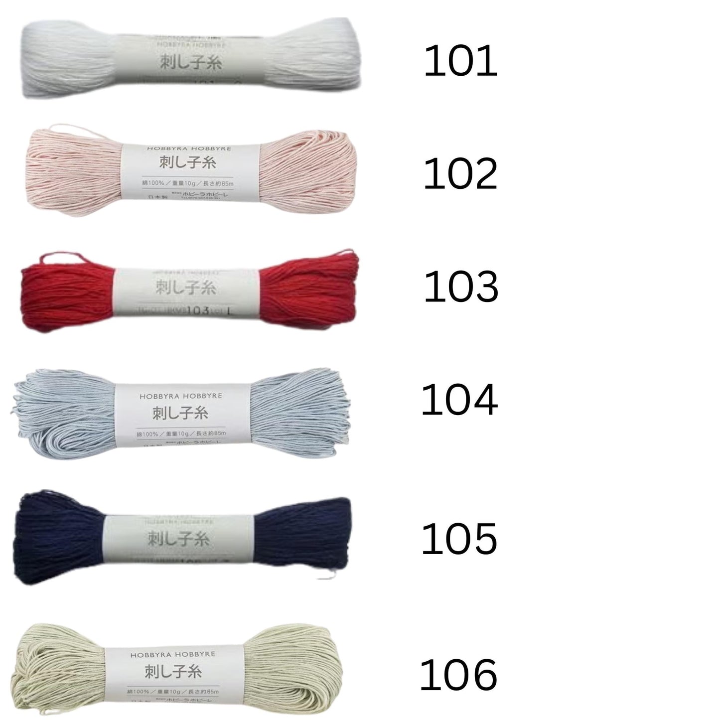 six spools of yarn with different colors and sizes, each labeled with a number.