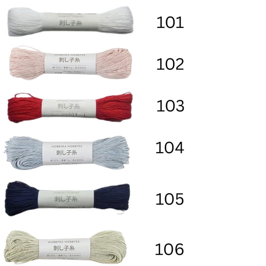 six spools of yarn with different colors and sizes, each labeled with a number.