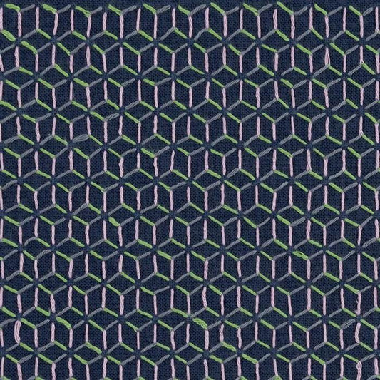 a repeating pattern of green and purple hexagonal shapes on a dark background.
