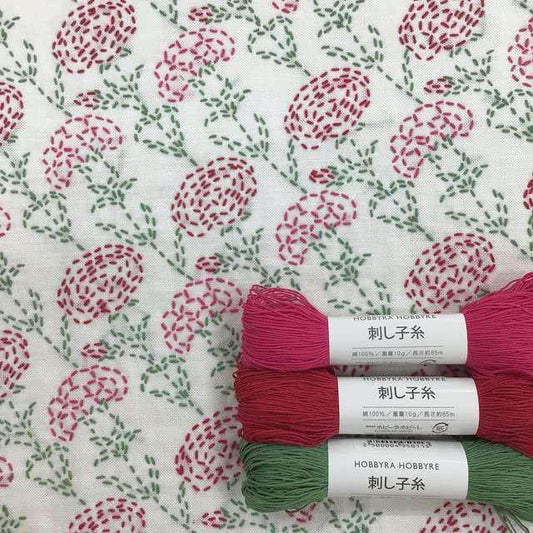 three spools of thread with a floral pattern on them, placed on a white fabric with a similar floral pattern.