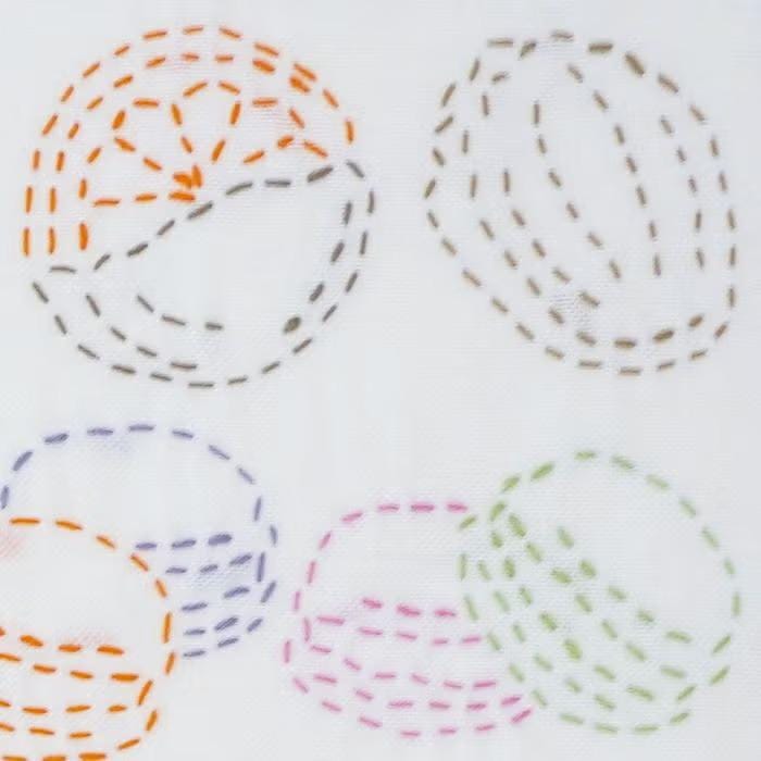 a collection of abstract, colorful designs created using a sewing technique. The designs include various shapes and patterns, such as circles, ovals, and other geometric forms, which are sewn together using a needle and thread. The image does not contain any text or specific actions, and the focus is on the visual elements and the sewing process.