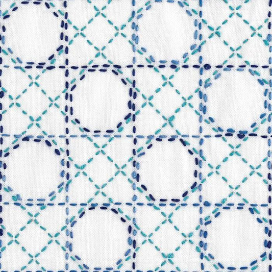 a repeating pattern of blue and white circles and lines, creating a visually striking and intricate design.