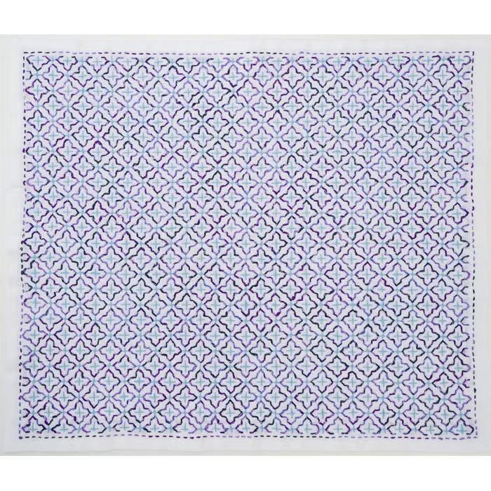 a square with a repeating pattern of purple and blue flowers or shapes, creating a visually striking and symmetrical design.