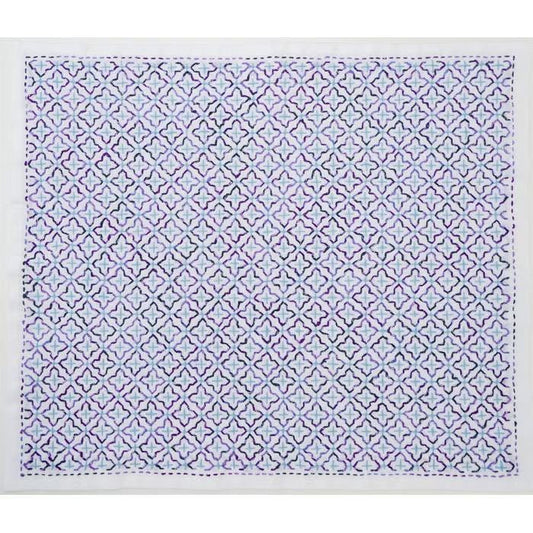 a square with a repeating pattern of purple and blue flowers or shapes, creating a visually striking and symmetrical design.