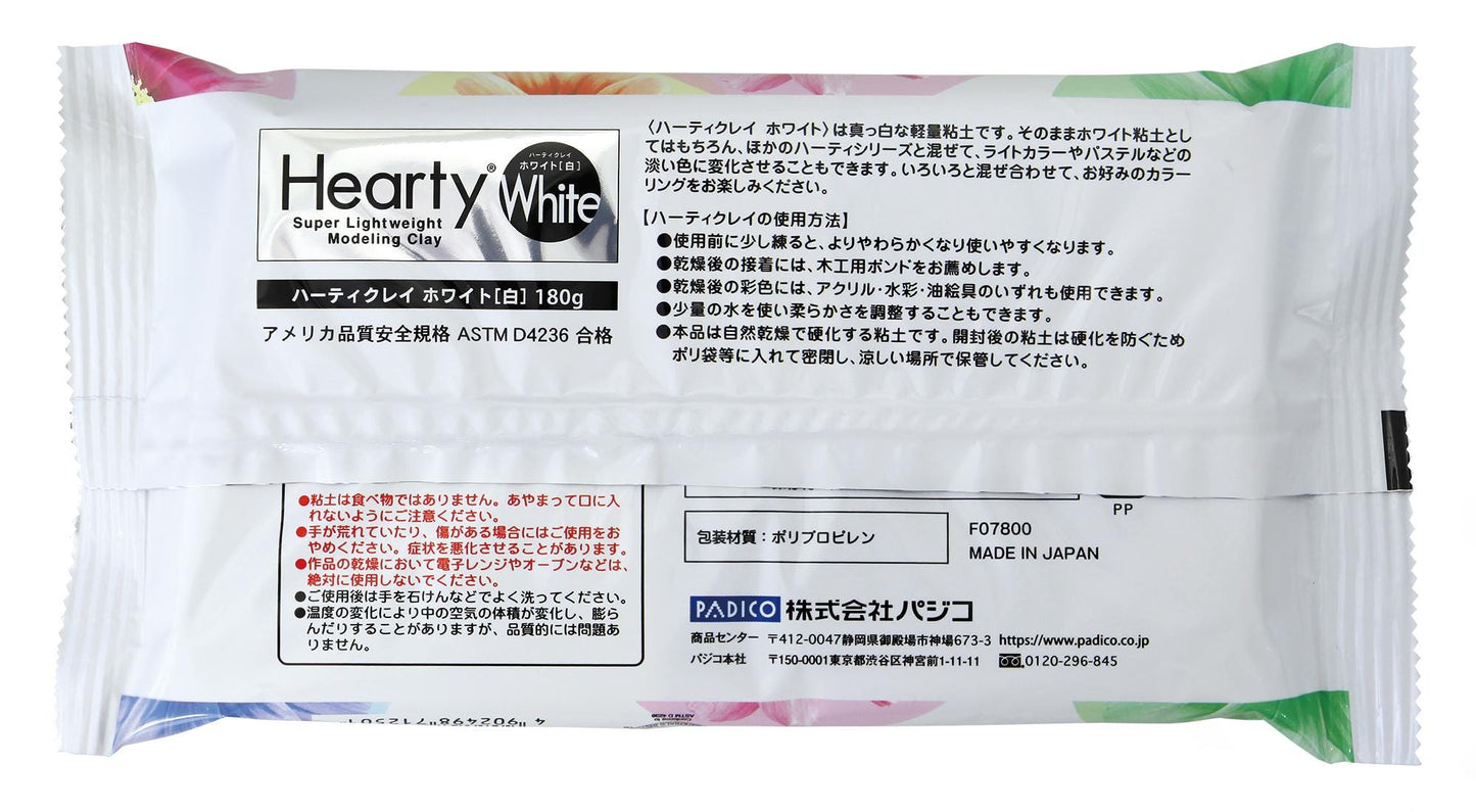 The image is a product label for a super lightweight modeling clay, specifically ASTM D4234. It features Japanese text and some English text, along with a color palette. The label provides information about the product, including its weight, volume, and the fact that it is made in Japan.