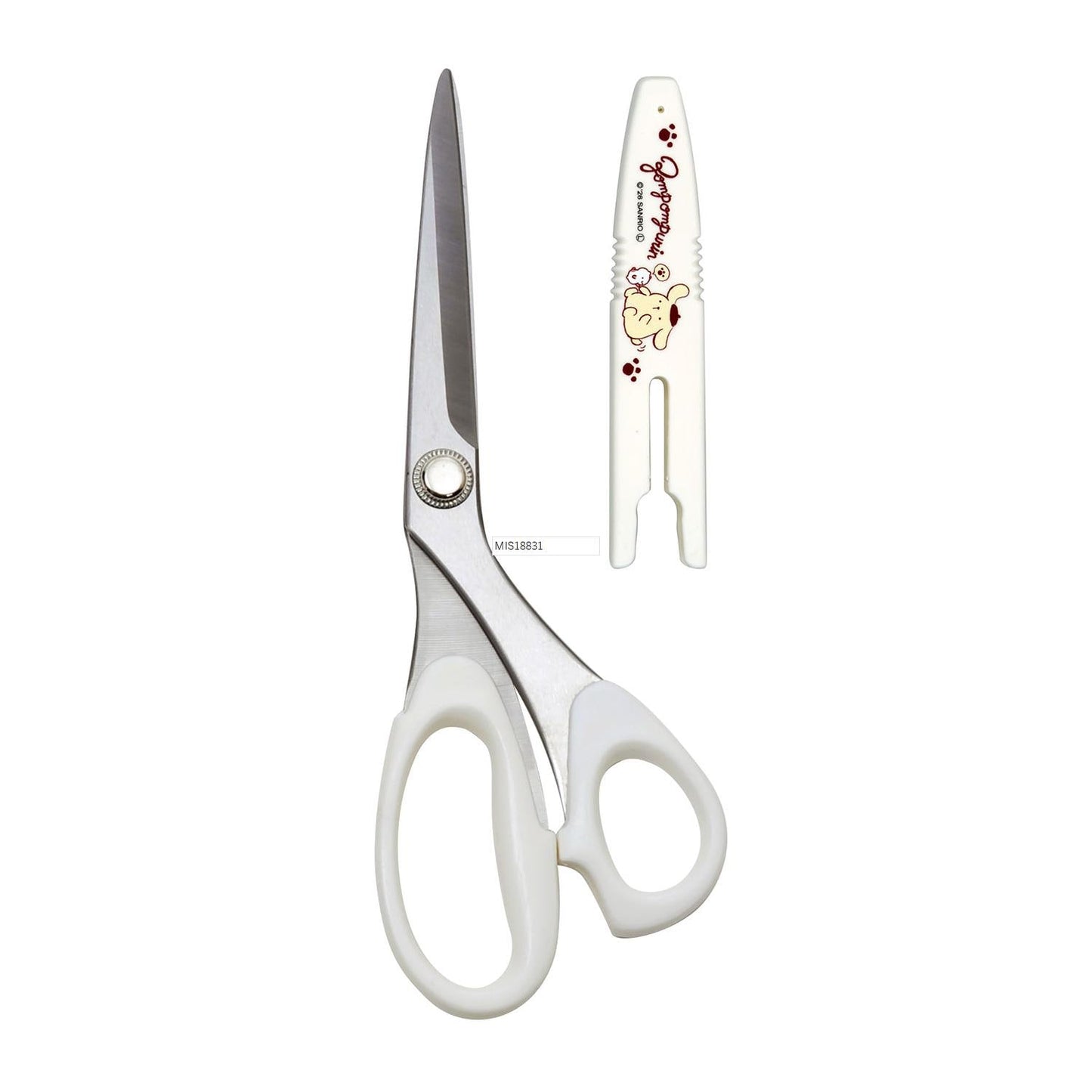 a pair of white scissors with a red and white design on the handle, and a white clothespin with a red and white design on the top.