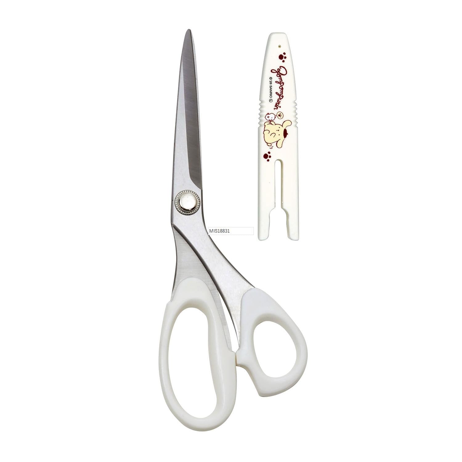 a pair of white scissors with a red and white design on the handle, and a white clothespin with a red and white design on the top.