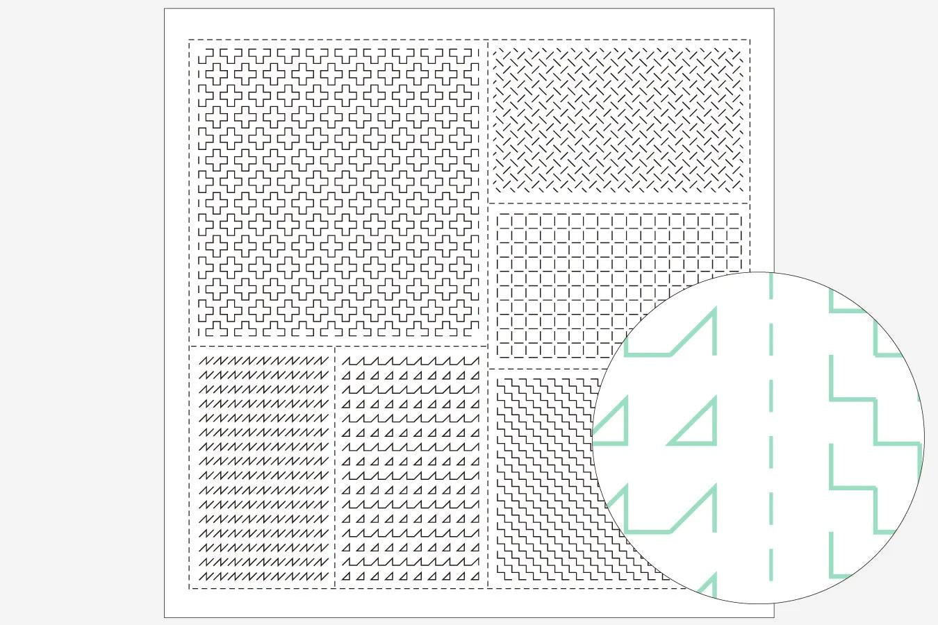 a collage of various geometric patterns and designs, including a grid of squares, a diamond pattern, and a repeating pattern of triangles and rectangles.