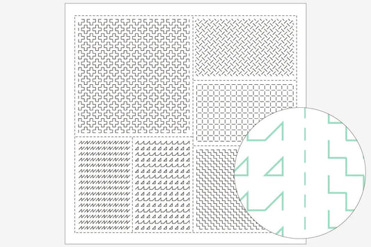 a collage of various geometric patterns and designs, including a grid of squares, a diamond pattern, and a repeating pattern of triangles and rectangles.