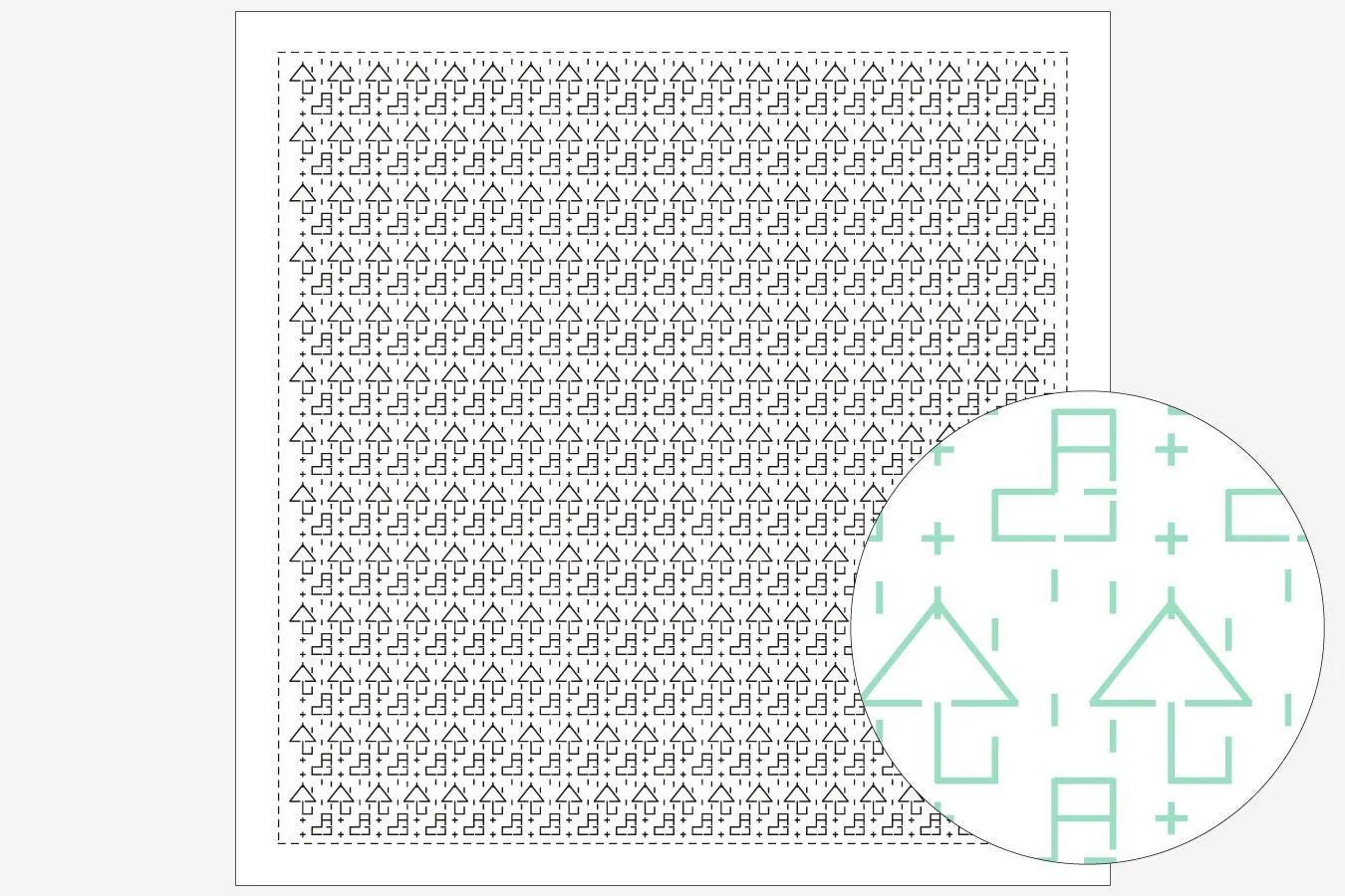 a grid of small black triangles, and there is a circular pattern of green triangles in the bottom right corner.