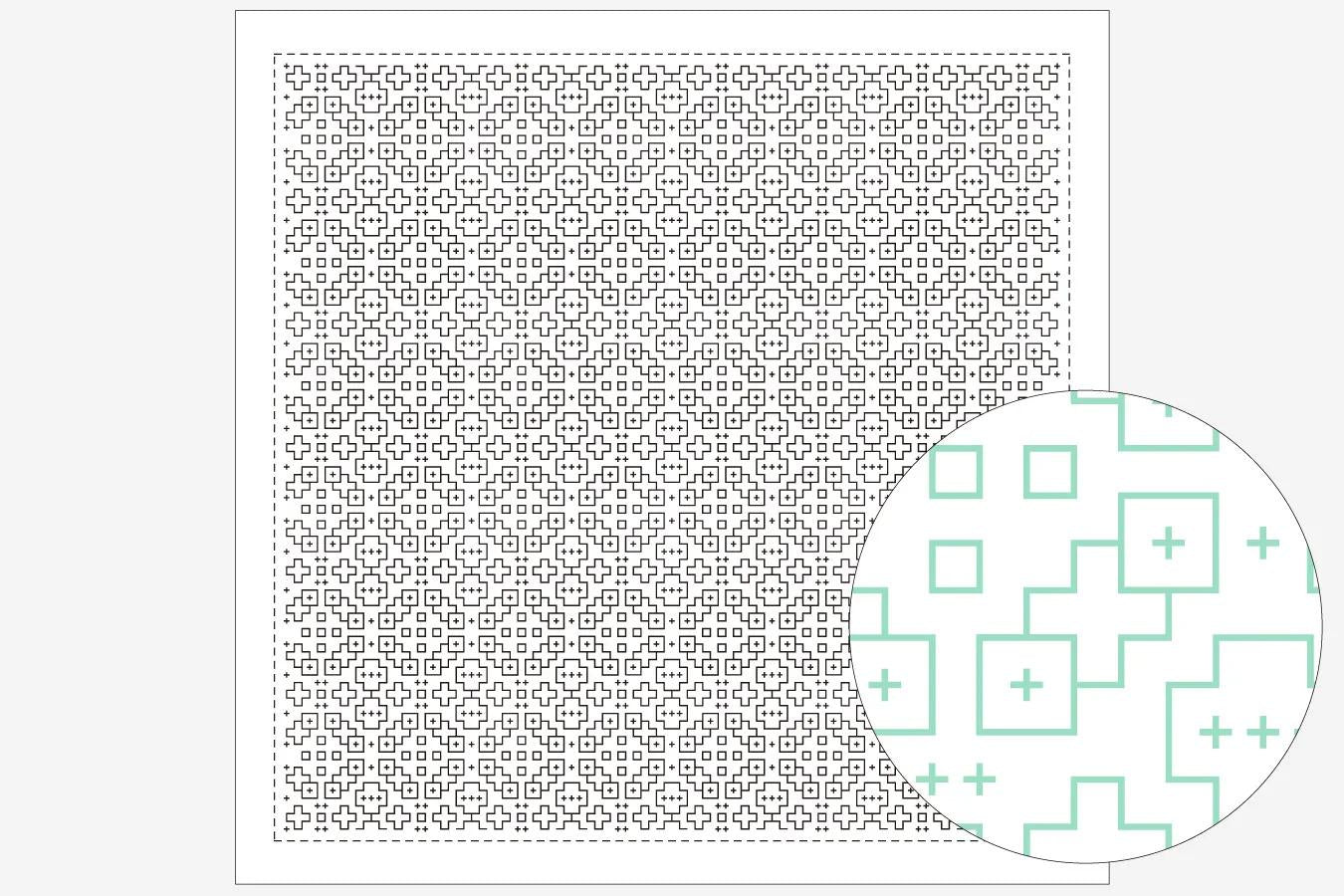 a square pattern with a grid of small squares, and a circular pattern with a repeating geometric design of squares and lines.