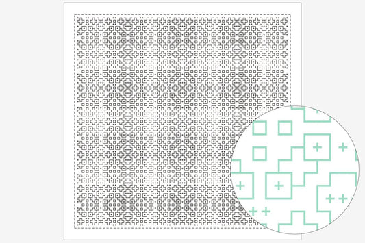 a square pattern with a grid of small squares, and a circular pattern with a repeating geometric design of squares and lines.