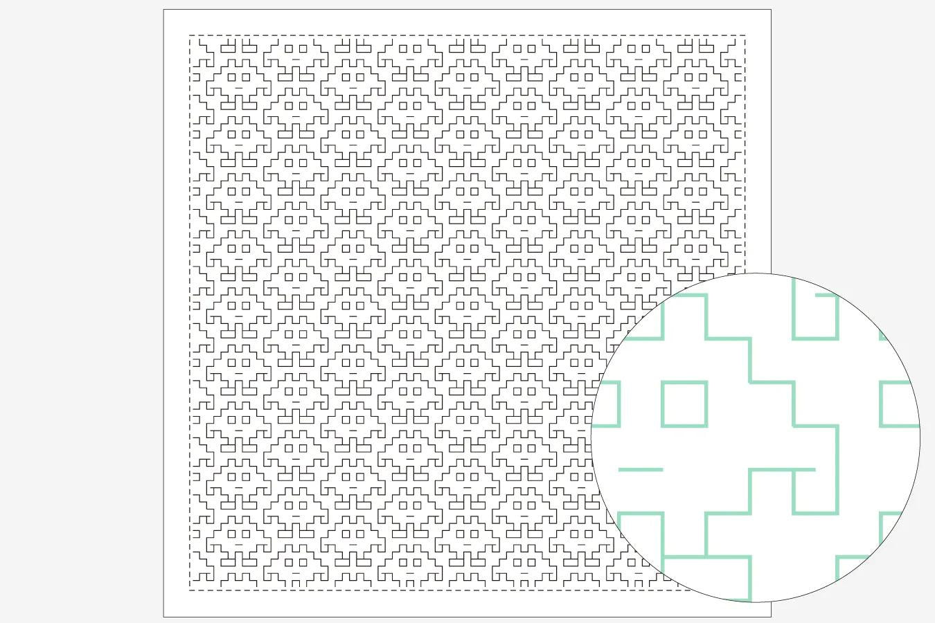 a square with a repeating pattern of black and white squares, and a circular pattern of green and white squares.