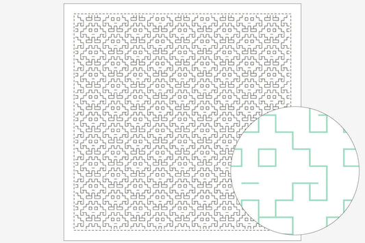 a square with a repeating pattern of black and white squares, and a circular pattern of green and white squares.