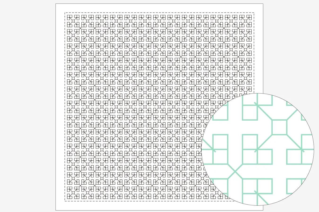 a square grid of small squares, with a circular pattern of green squares overlaid on the grid.