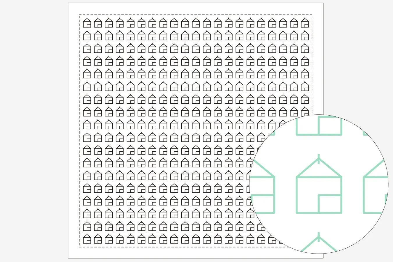 a repeating pattern of black and white houses, with a circular pattern of green houses overlaid on the top right corner.