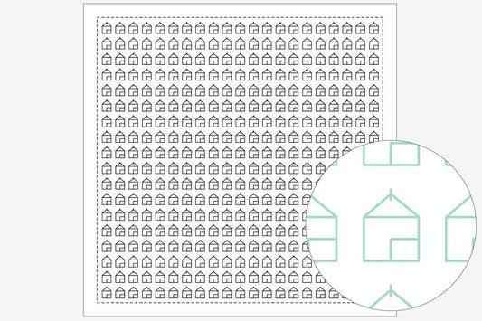 a repeating pattern of black and white houses, with a circular pattern of green houses overlaid on the top right corner.