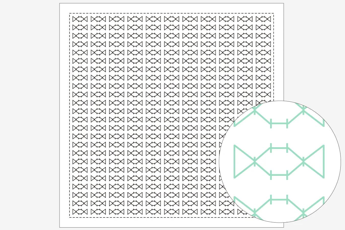 a square with a repeating pattern of black and white geometric shapes, and a circular pattern of green and white geometric shapes.