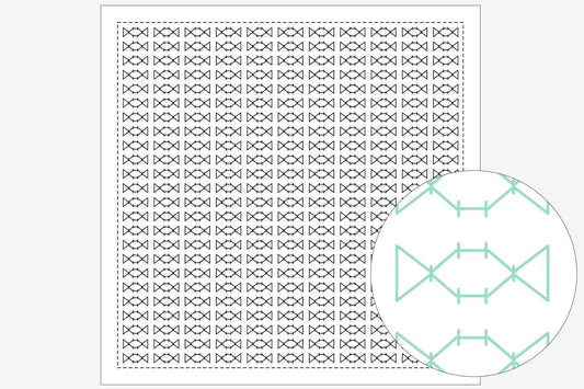 a square with a repeating pattern of black and white geometric shapes, and a circular pattern of green and white geometric shapes.
