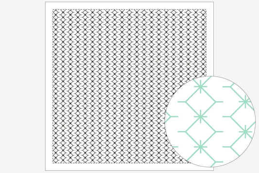 a square with a repeating pattern of black and white diamonds, and a circular pattern of green and white diamonds.