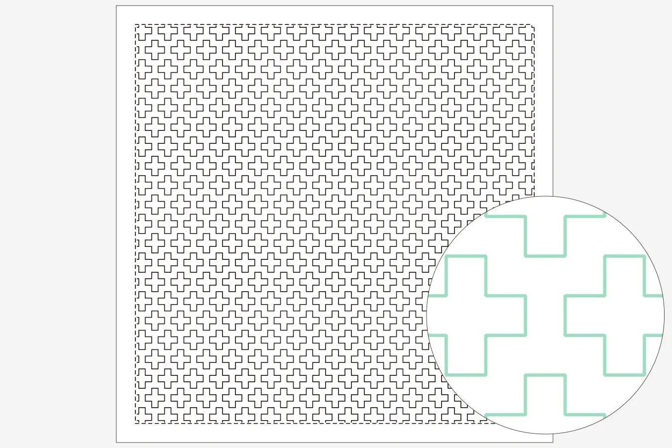 a square with a repeating pattern of black and white squares, and a circular pattern of green and white squares.