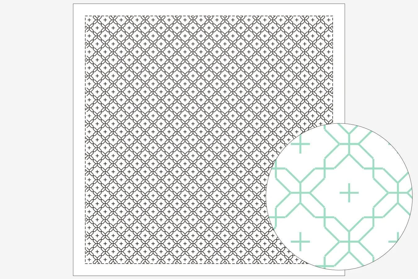 a square with a repeating pattern of black and white geometric shapes, and a circular pattern with green and white geometric shapes.