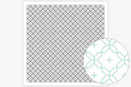 a square with a repeating pattern of black and white geometric shapes, and a circular pattern with green and white geometric shapes.