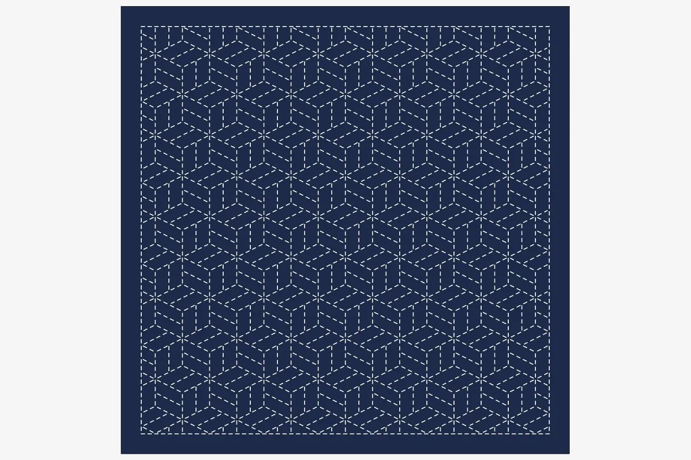 a repeating pattern of white geometric shapes on a navy blue background.