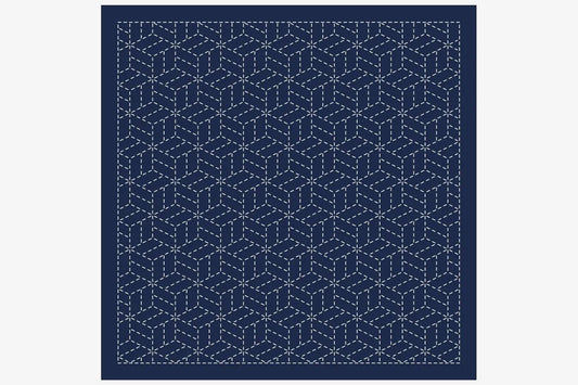 a repeating pattern of white geometric shapes on a navy blue background.