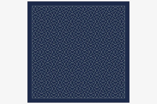 a navy blue background with a repeating pattern of white diagonal lines, creating a visually striking and geometric design.