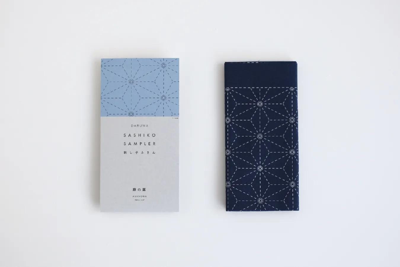 two fabric items with a geometric pattern design, one blue and one navy blue, placed side by side against a white background.