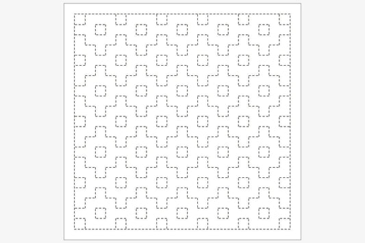 a repeating pattern of square shapes, with each shape being a combination of a cross and a square. The pattern is outlined in black, creating a visually striking contrast against the white background.